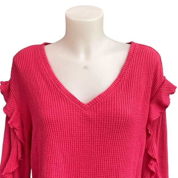 Anthropologie Pilcro Pink Waffle Knit V Neck‎ Ruffled Long Sleeve Top small - Picture 2 of 8